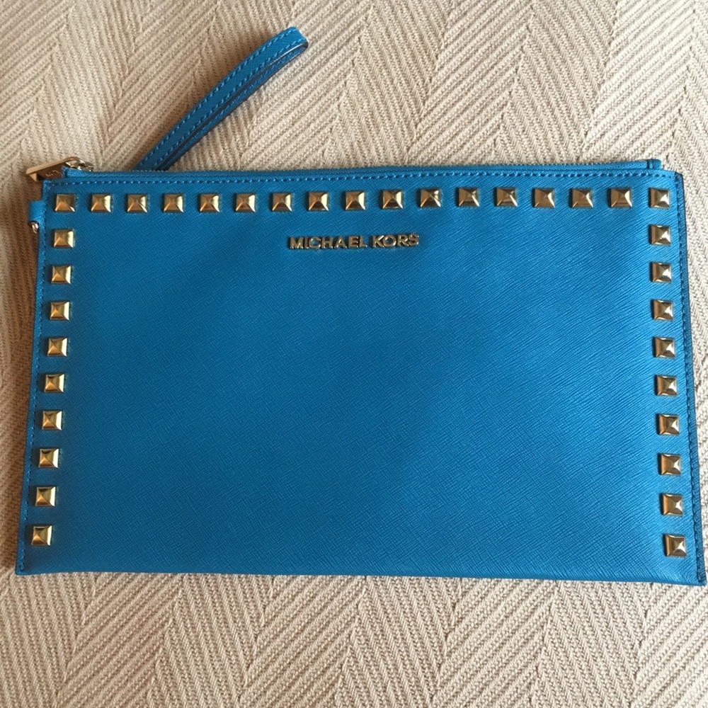 Michael Kors Sandrine Studded Clutch Teal NWOT